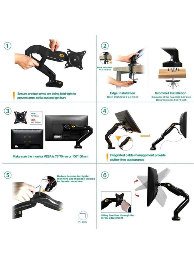نورث بايو ذراع شاشة احترافي F80 بنظام الزنبرك الغازي - حامل مكتب كامل الحركة للشاشات من 17 لـ 27 بوصة - ارتفاع وقابل للتعديل ودوران كامل لتنظيم المكتب وتوفير المساحة - Image 3
